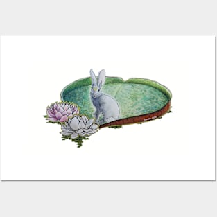 Watercolor Halloween Lunar Spirits Bunny and Giant Water Lily Posters and Art